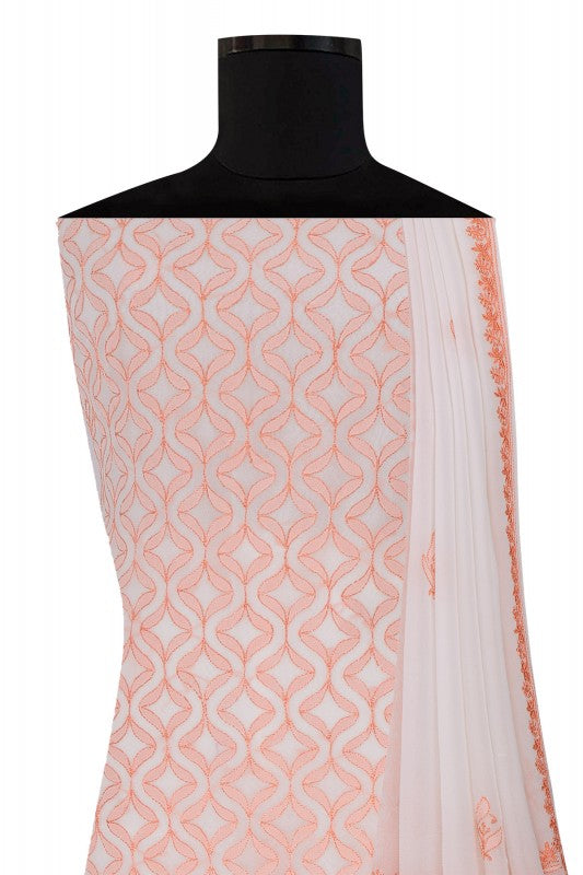 Ada Hand Embroidered White Pure Georgette Lucknowi Chikan Unstitched Kurta Dupatta Set- A222161