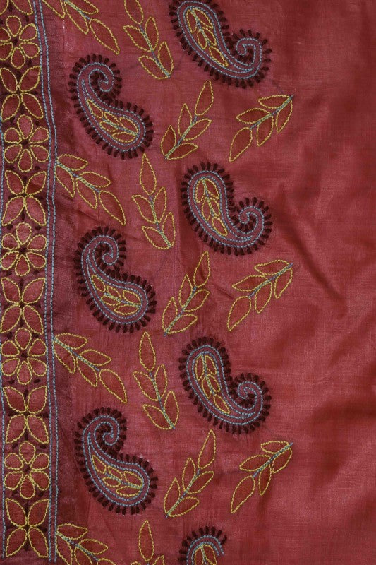 Ada Hand Embroidered Rust Tusser Silk Lucknowi Chikankari Saree With Blouse - A485266