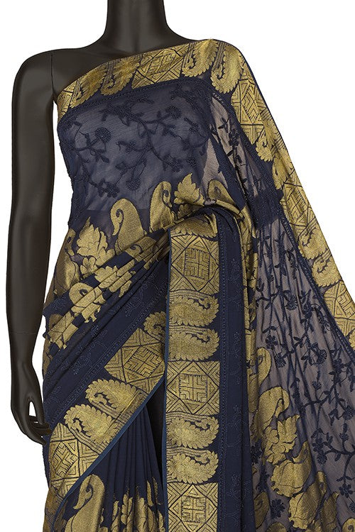 Ada Hand Embroidered Navy Blue Georgette Lucknowi Chikankari Saree with Blouse A591215