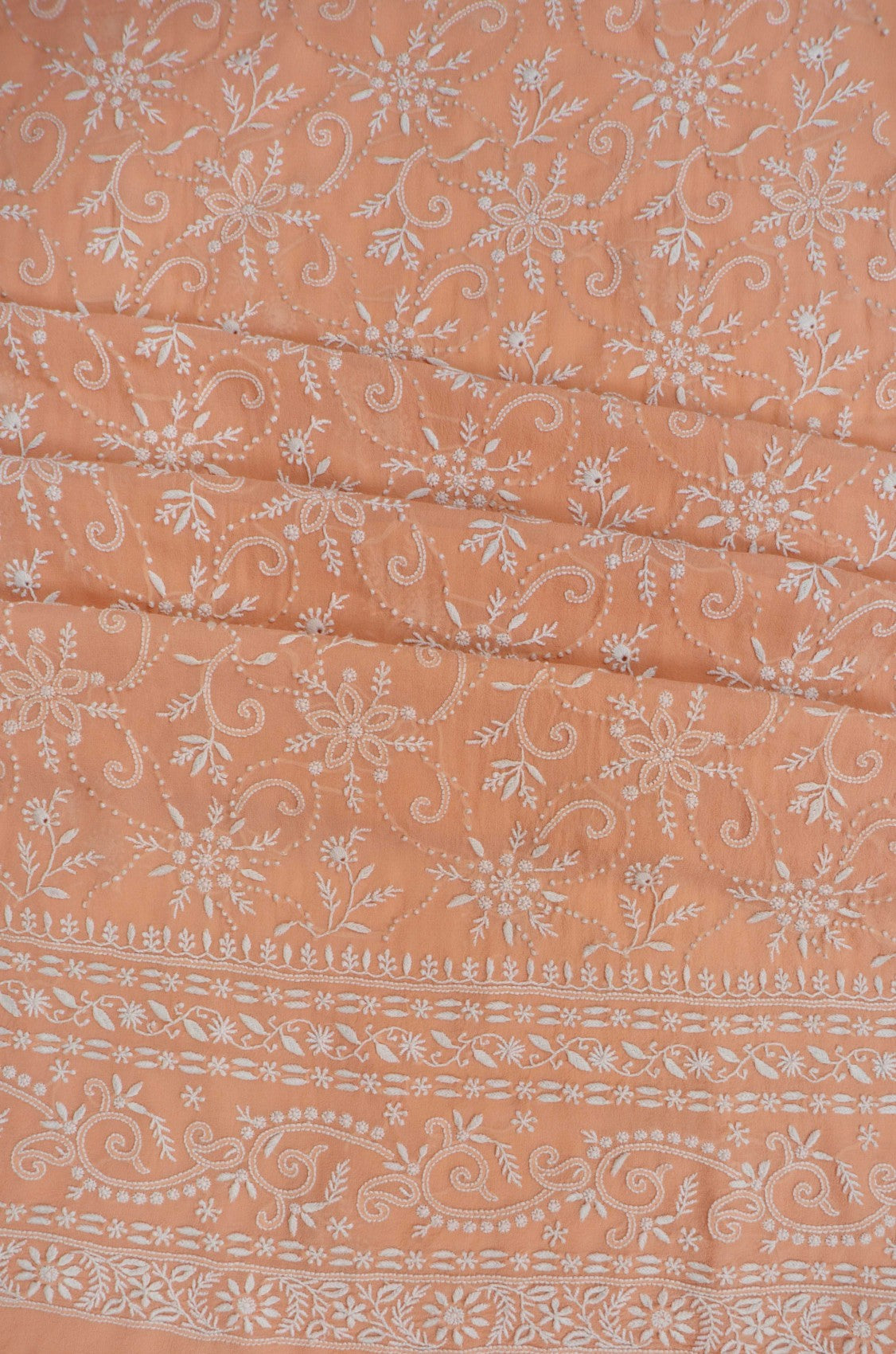 Ada Hand Embroidered Peach Pure Georgette Lucknowi Chikankari Unstitched Kurta Dupatta Set A460730