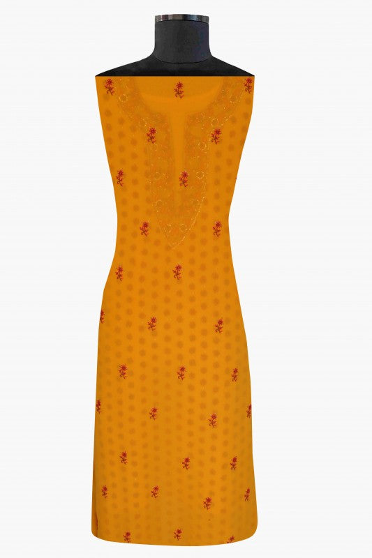Ada Hand Embroidered Mustard Pure Georgette Lucknowi Chikan Unstitched Suit Piece with Muqaish Work A94468