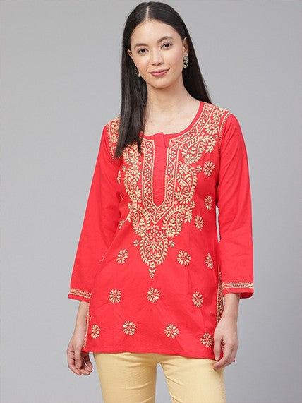Ada Hand Embroidered Carrot Pink Cotton Lucknowi Chikankari Straight Kurti A250586
