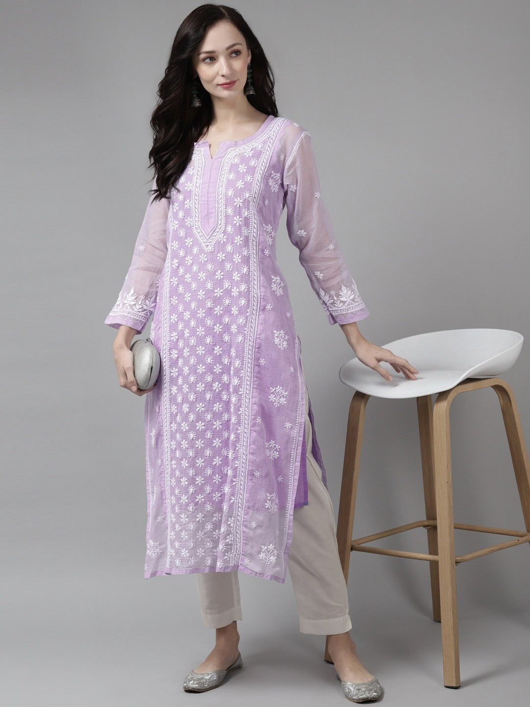 Ada Hand Embroidered Mauve Kota Lucknow Chikankari Kurta With Slip- A411309