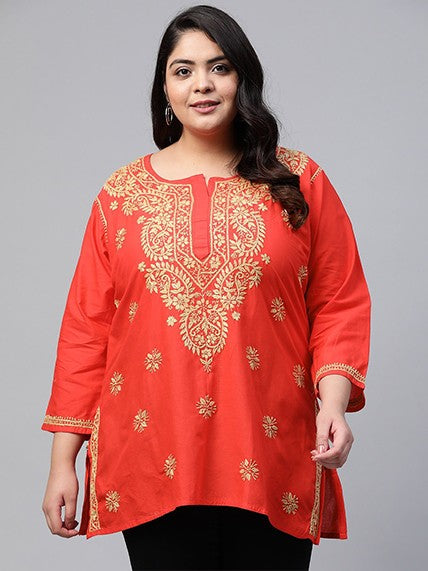 Ada Hand Embroidered Carrot Pink Cotton Lucknowi Chikankari Straight Kurti A250586