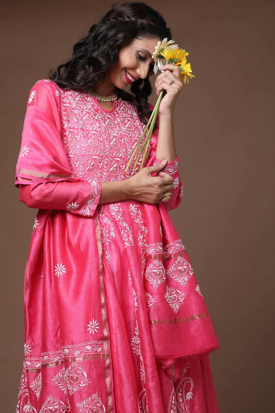 Ada Hand Embroidered Onion Pink Chanderi Lucknowi Chikankari Semi-Stitched Anarkali Kurta Dupatta Set With Zari Work 01A205812