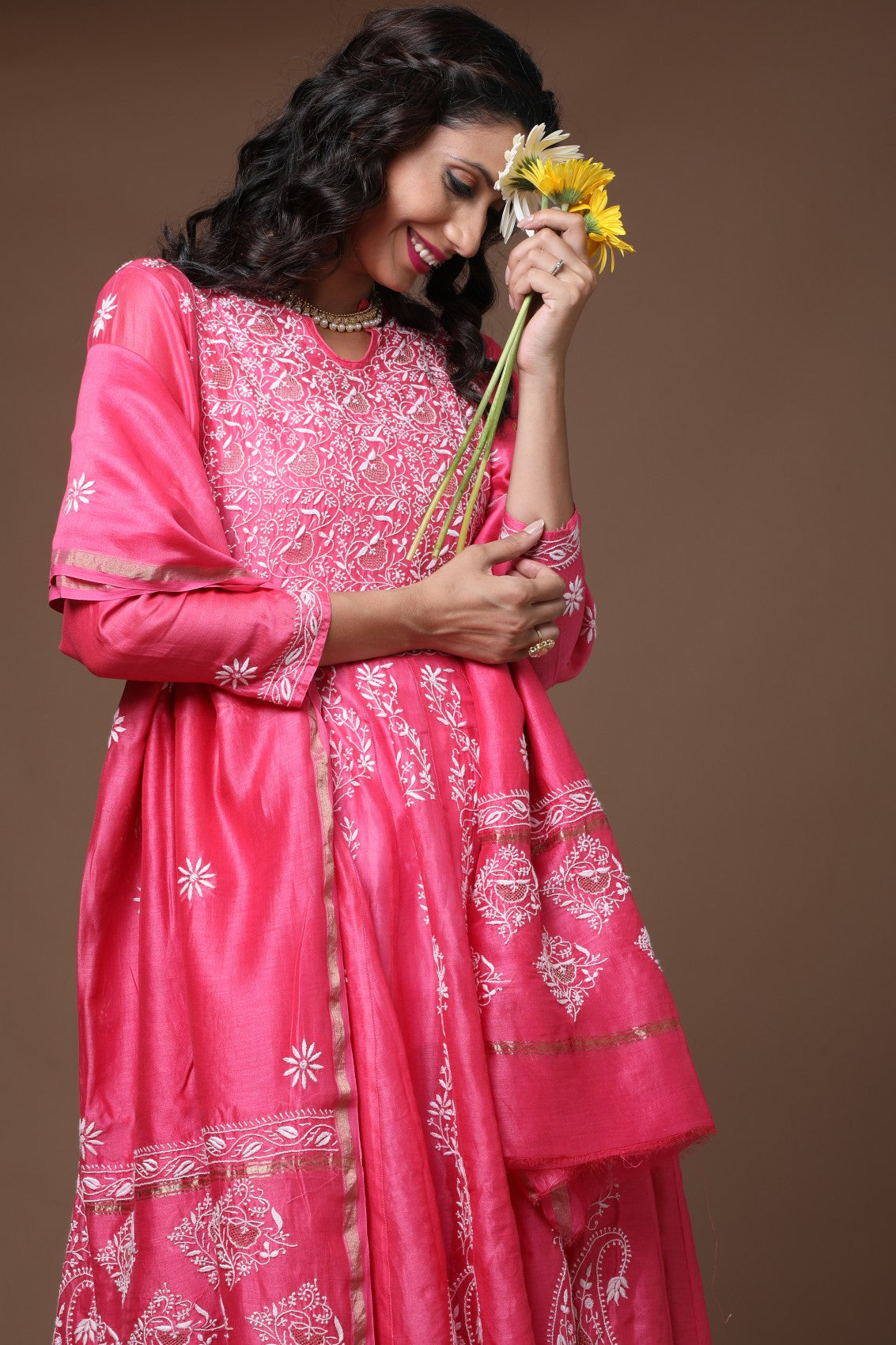 Ada Hand Embroidered Onion Pink Chanderi Lucknowi Chikankari Semi-Stitched Anarkali Kurta Dupatta Set With Zari Work 01A205812