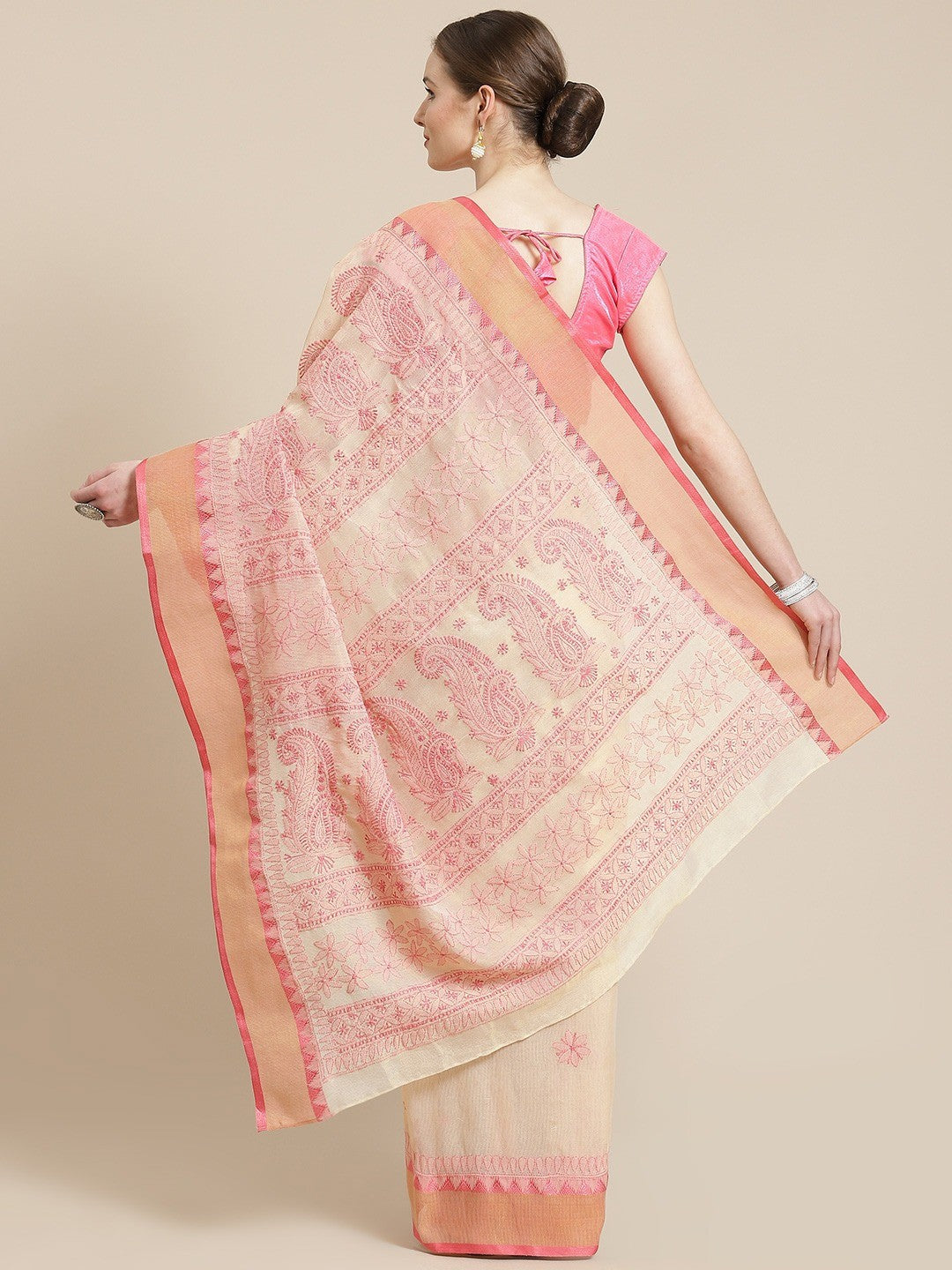 Ada Hand Embroidered Fawn Kota Lucknow Chikan Saree With Blouse A311244