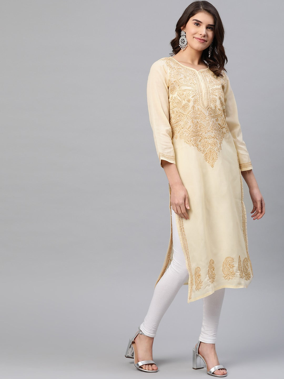 Ada Hand Embroidered Beige Cotton Lucknowi Chikankari Straight Kurta A227642