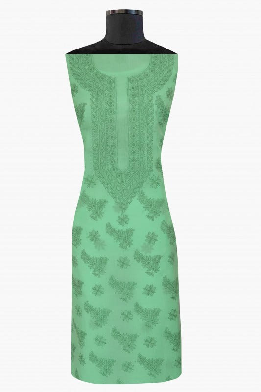 Ada Hand Embroidered Sea Green Cotton Lucknowi Chikan Unstitched Suit Piece-A211141