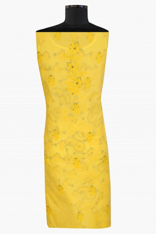 Ada Hand Embroidered Yellow Cotton Lucknowi Chikan Unstitched Suit Piece-A211119