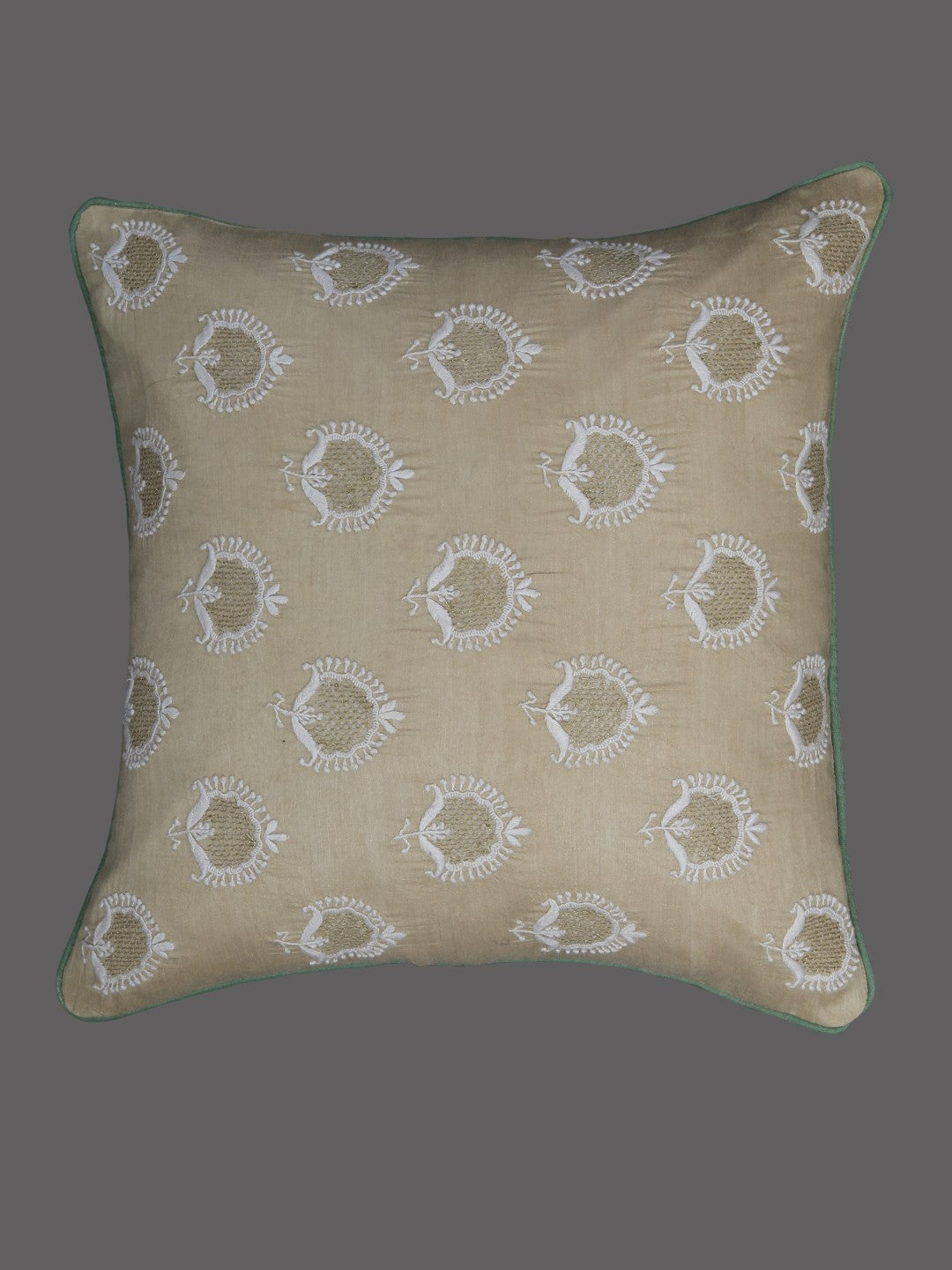 Ada Hand Embroidered Fawn Tusser Silk Lucknow Chikankari Cushion Cover-A507397