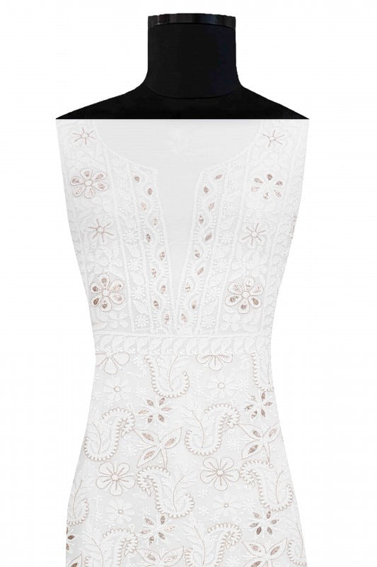 Ada Hand Embroidered White Georgette Lucknowi Chikan Unstitched Kurta Piece with Gota Patti Work A486762