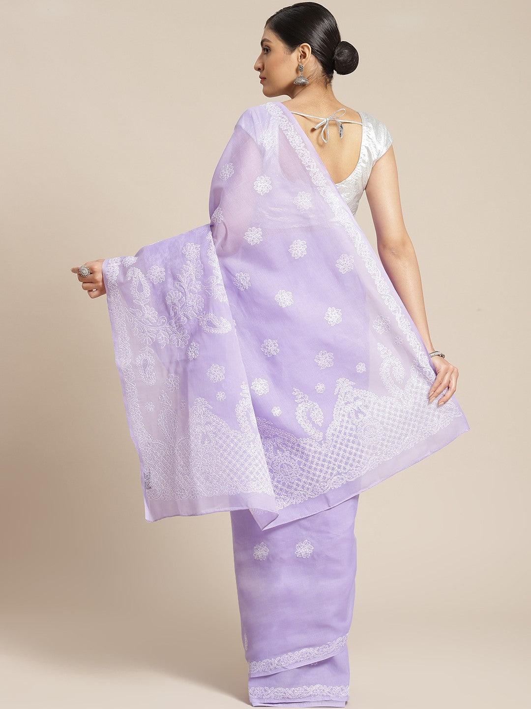 Ada Hand Embroidered Lavender Cotton Lucknow Chikan Saree With Blouse-A311172