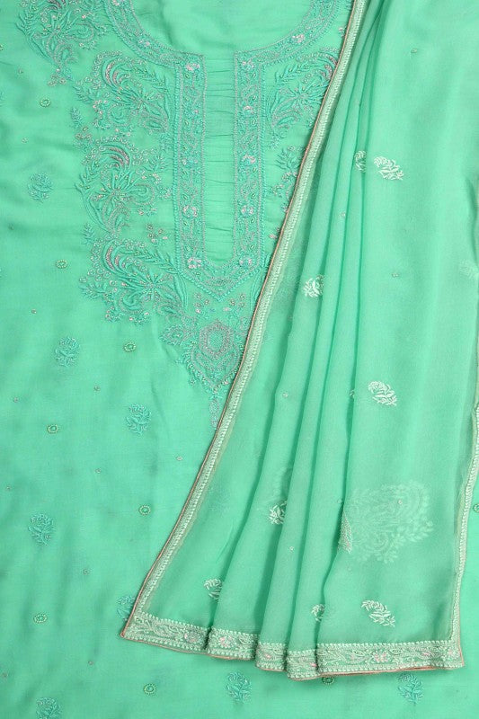 Ada Hand Embroidered Sea Green Cotton Lucknowi Chikan Unstitched Kurta Dupatta Set With Zari Work A166450