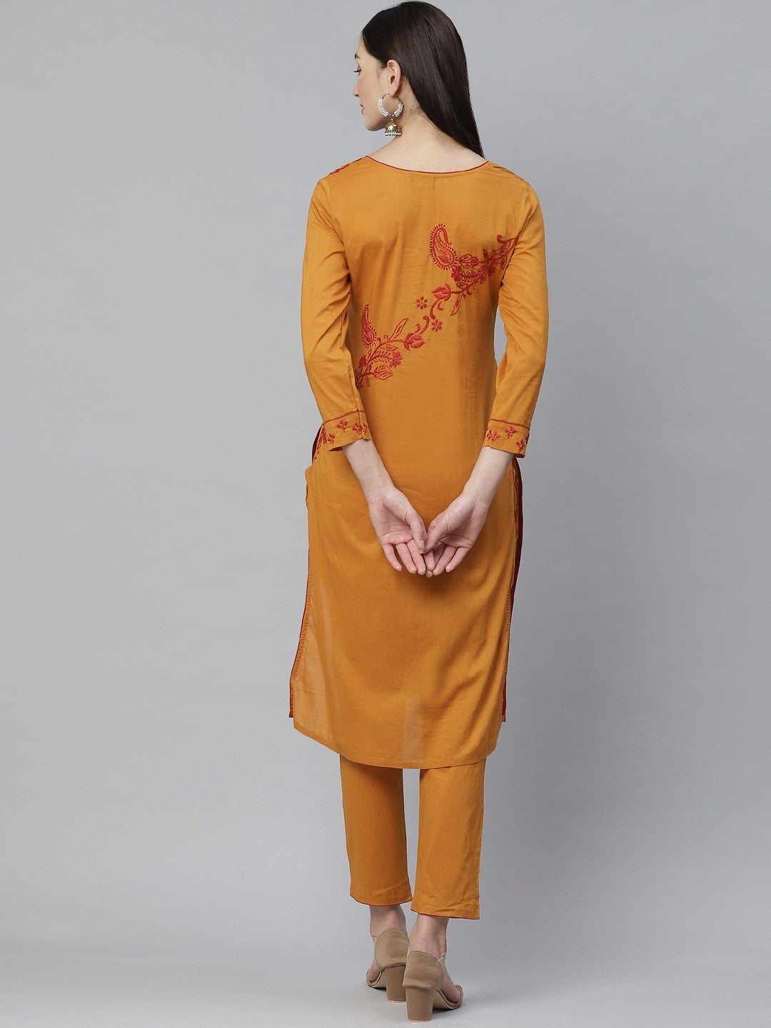 Ada Hand Embroidered Mustard Cotton Lucknowi Chikankari Straight Kurta With Trouser Set A811131
