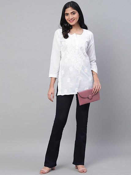 Ada Hand Embroidered White Cotton Lucknowi Chikankari Short Kurti A359765