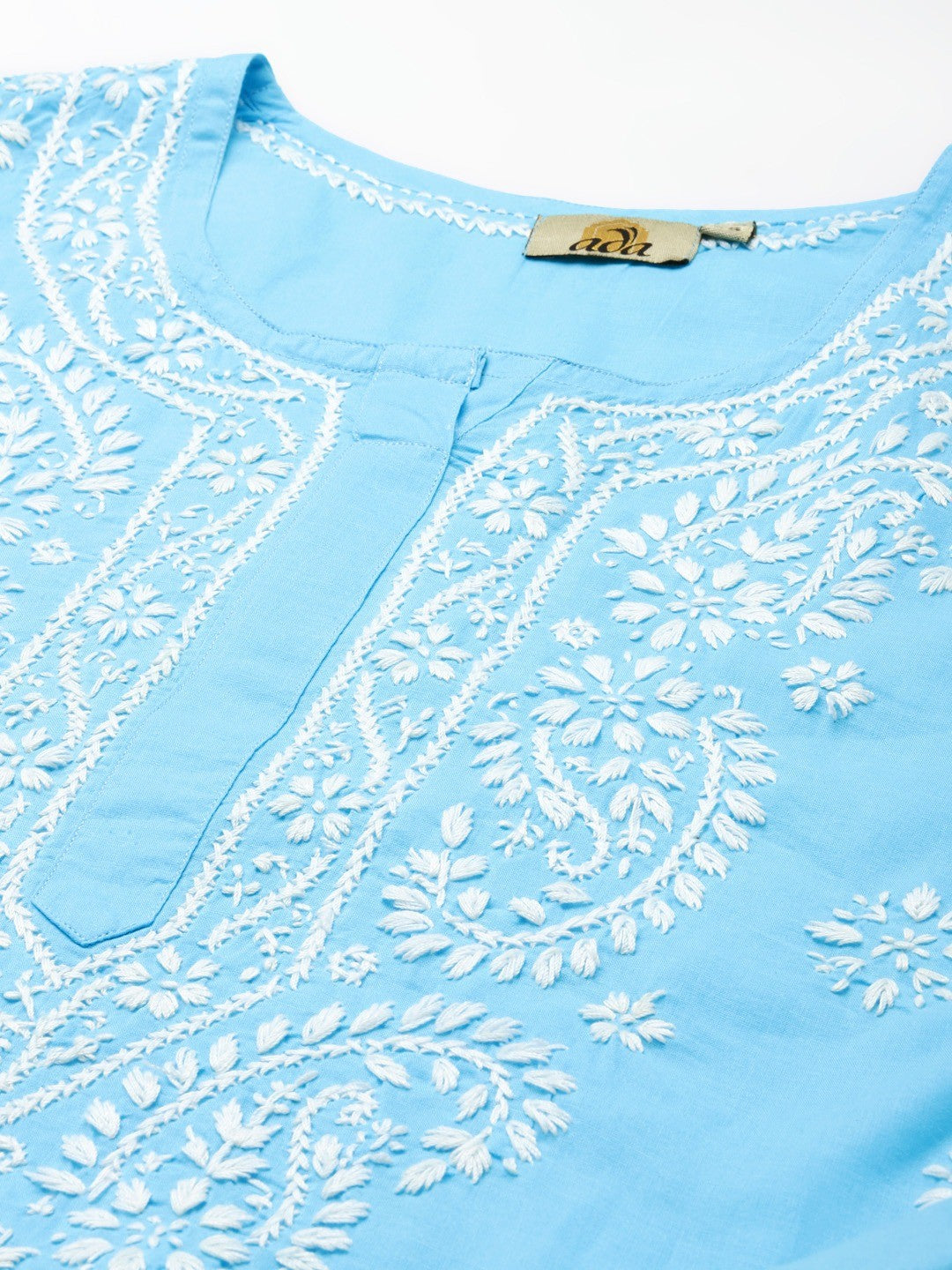 Ada Hand Embroidered Sky Blue Cotton Lucknowi Chikankari Short Kurti A911186