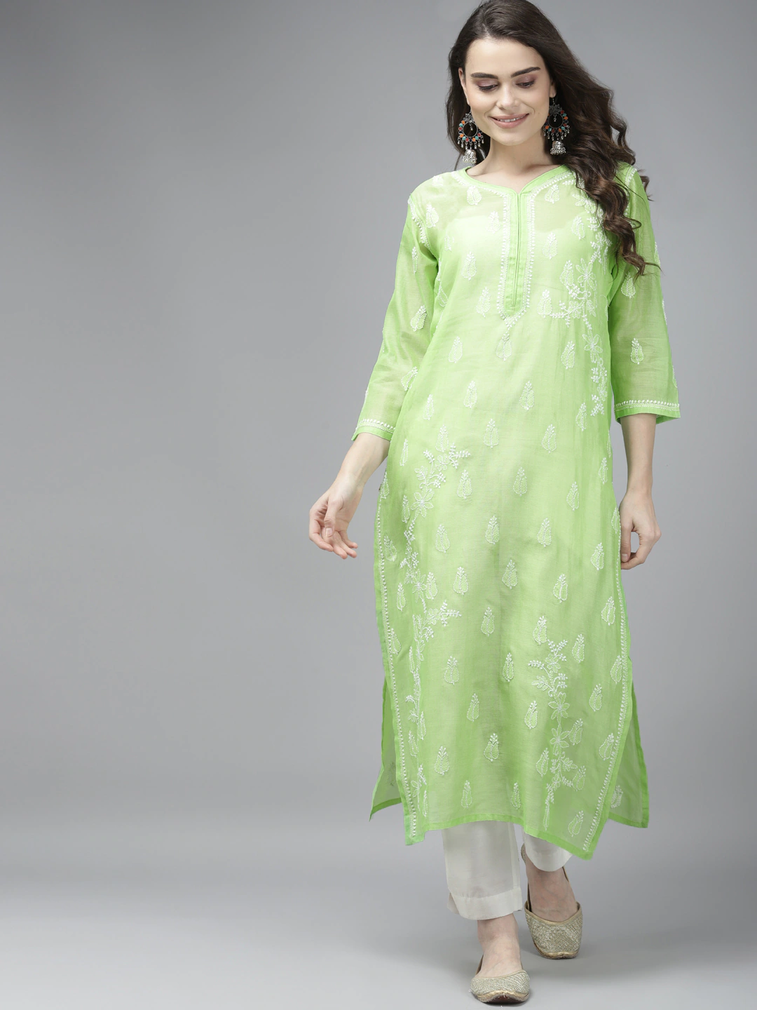 Ada Hand Embroidered Green Chanderi Lucknow Chikankari Kurta A411373