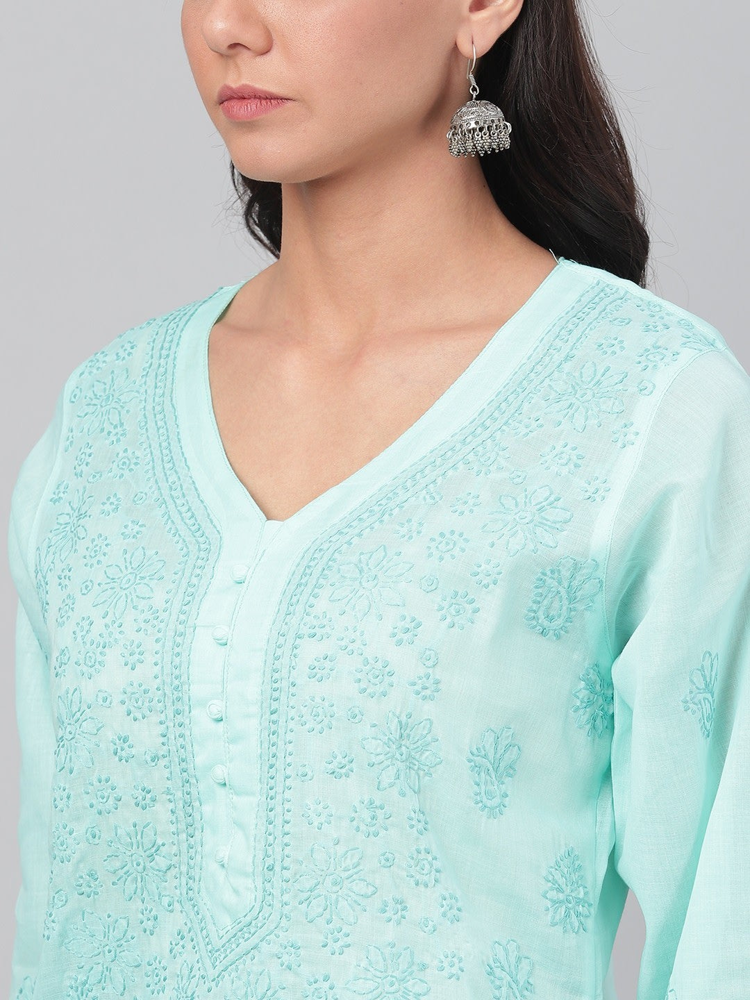 Ada Hand Embroidered Sea Green Cotton Lucknowi Chikankari Straight Kurta A238249
