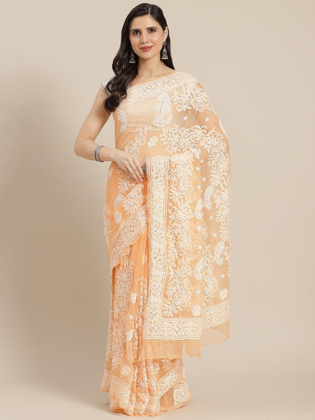 Ada Hand Embroidered Peach Georgette Lucknow Chikan Saree with Blouse A311240