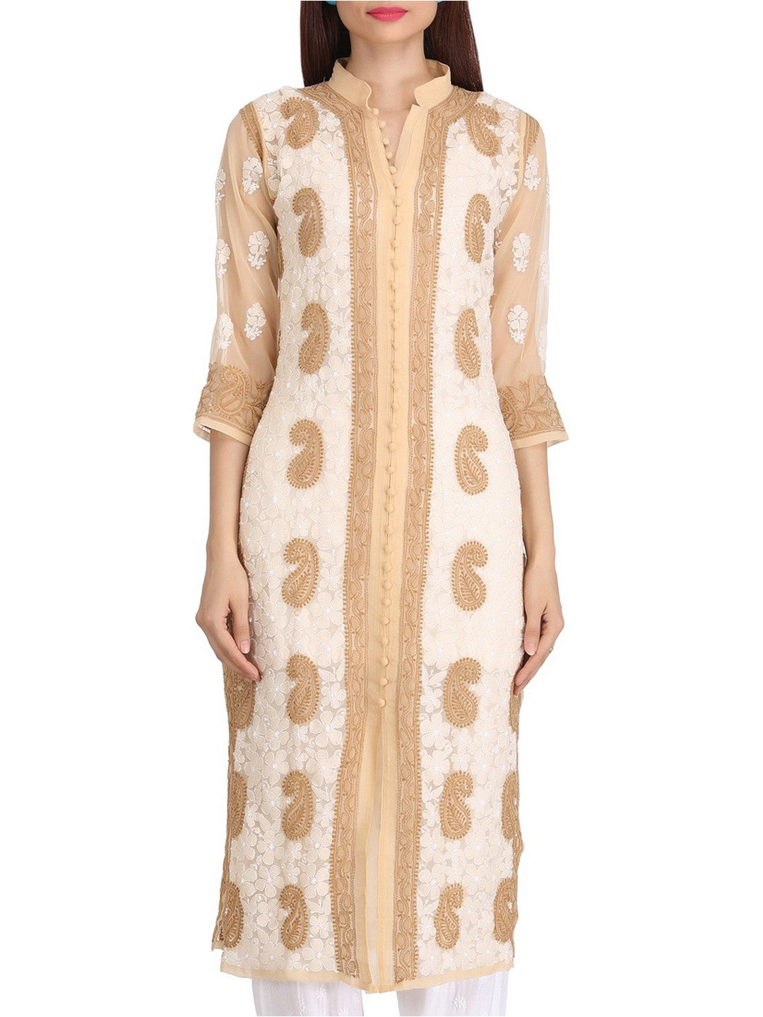Ada Hand Embroidered Fawn Georgette Lucknow Chikan Straight Kurta A227262