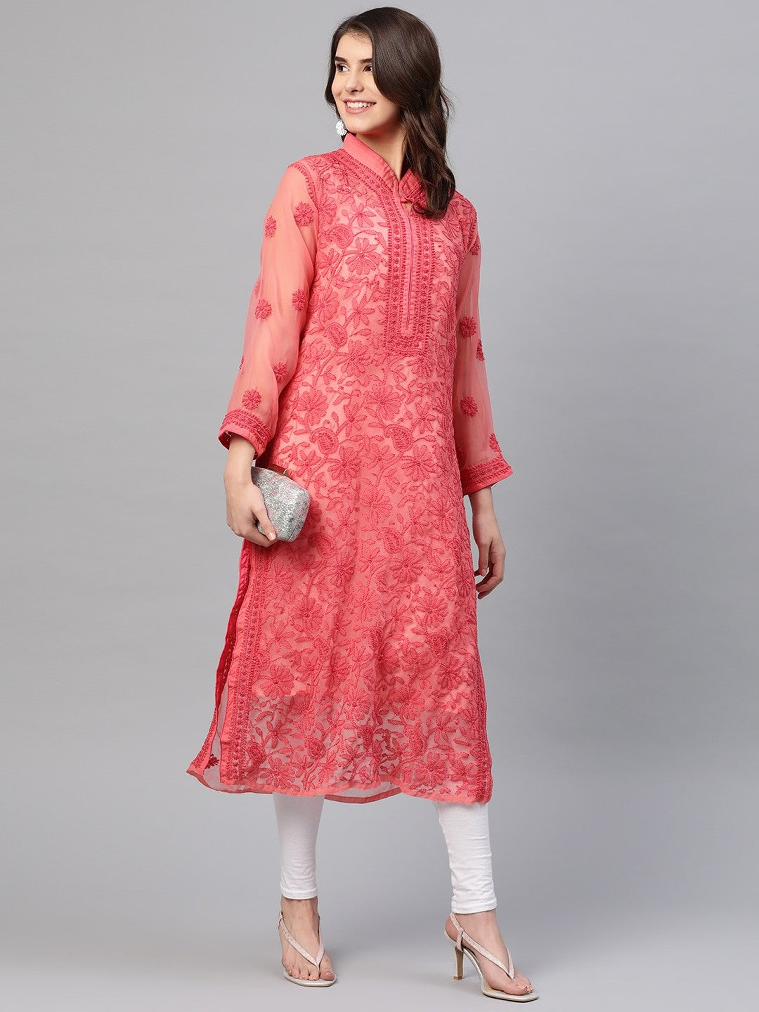 Ada Hand Embroidered Carrot Pink Georgette Lucknow Chikan Straight Kurta with Slip A225881