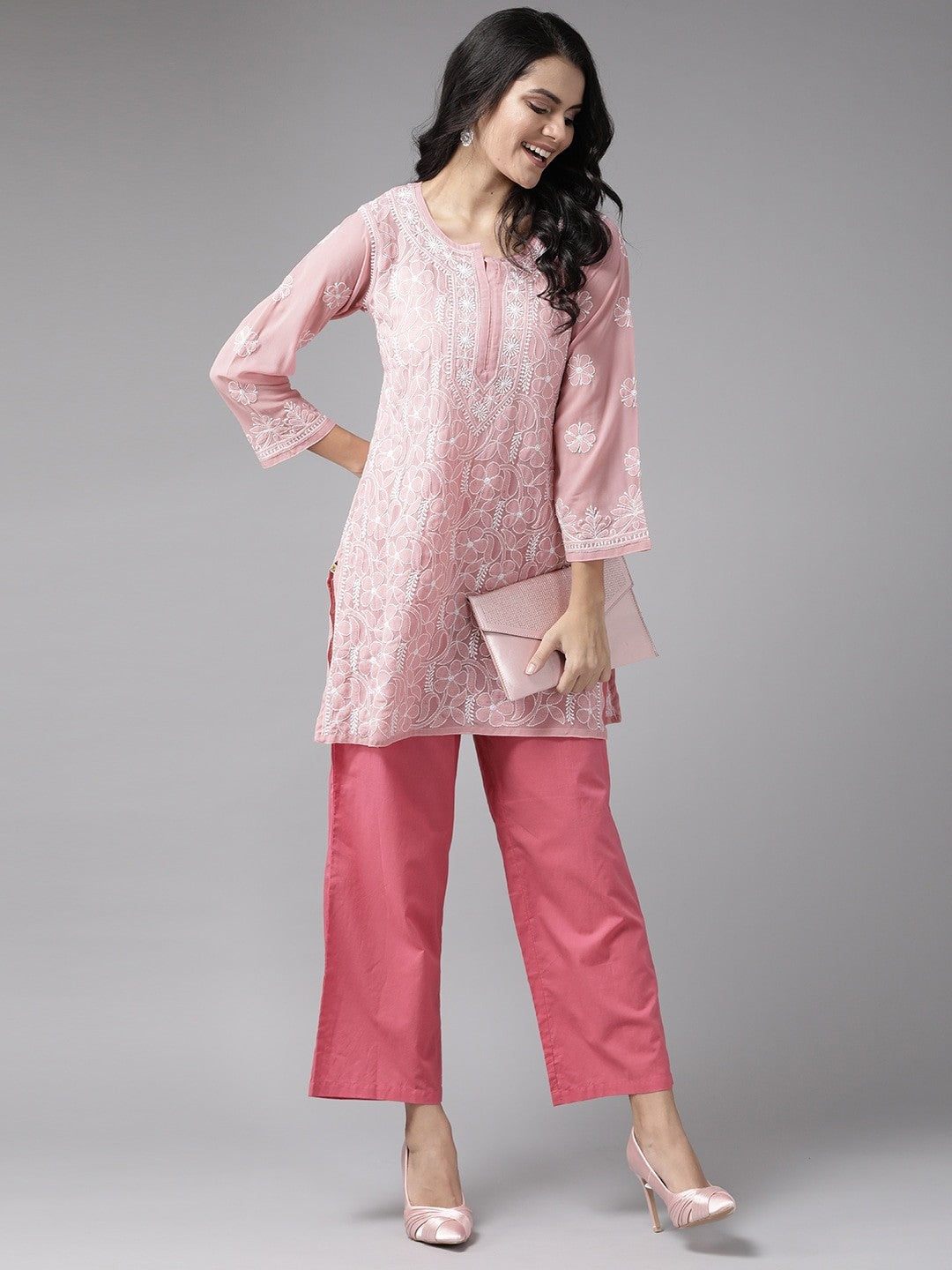 Ada Hand Embroidered Onion Pink Georgette Lucknowi Chikankari Short Kurti A911123