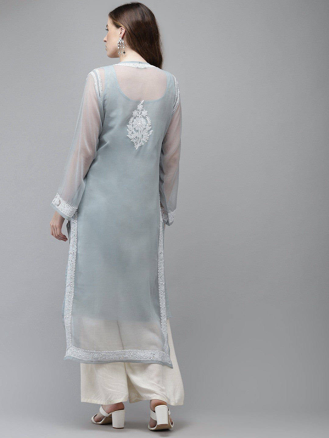 Ada Hand Embroidered Grey Georgette Lucknow Chikan Kurta with Slip A411358