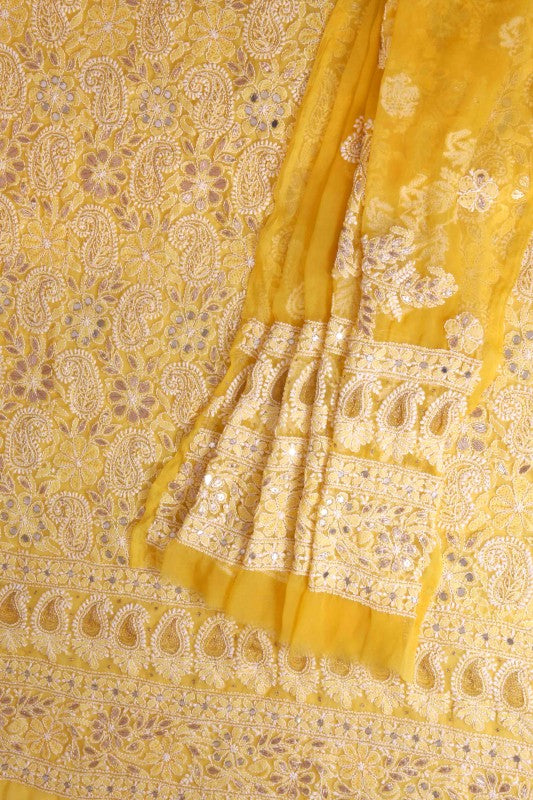 Ada Hand Embroidered Sunglow Yellow Georgette Lucknowi Chikan Unstitched Kurta Dupatta With Gota patti Work A602511