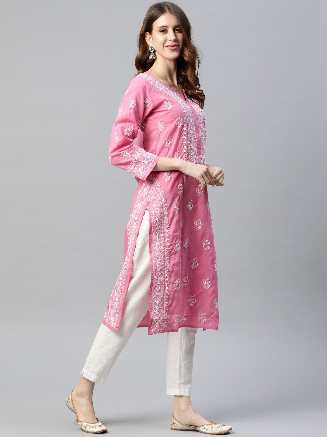 Ada Hand Embroidered Pink Cotton Lucknow Chikan Kurta-A220767