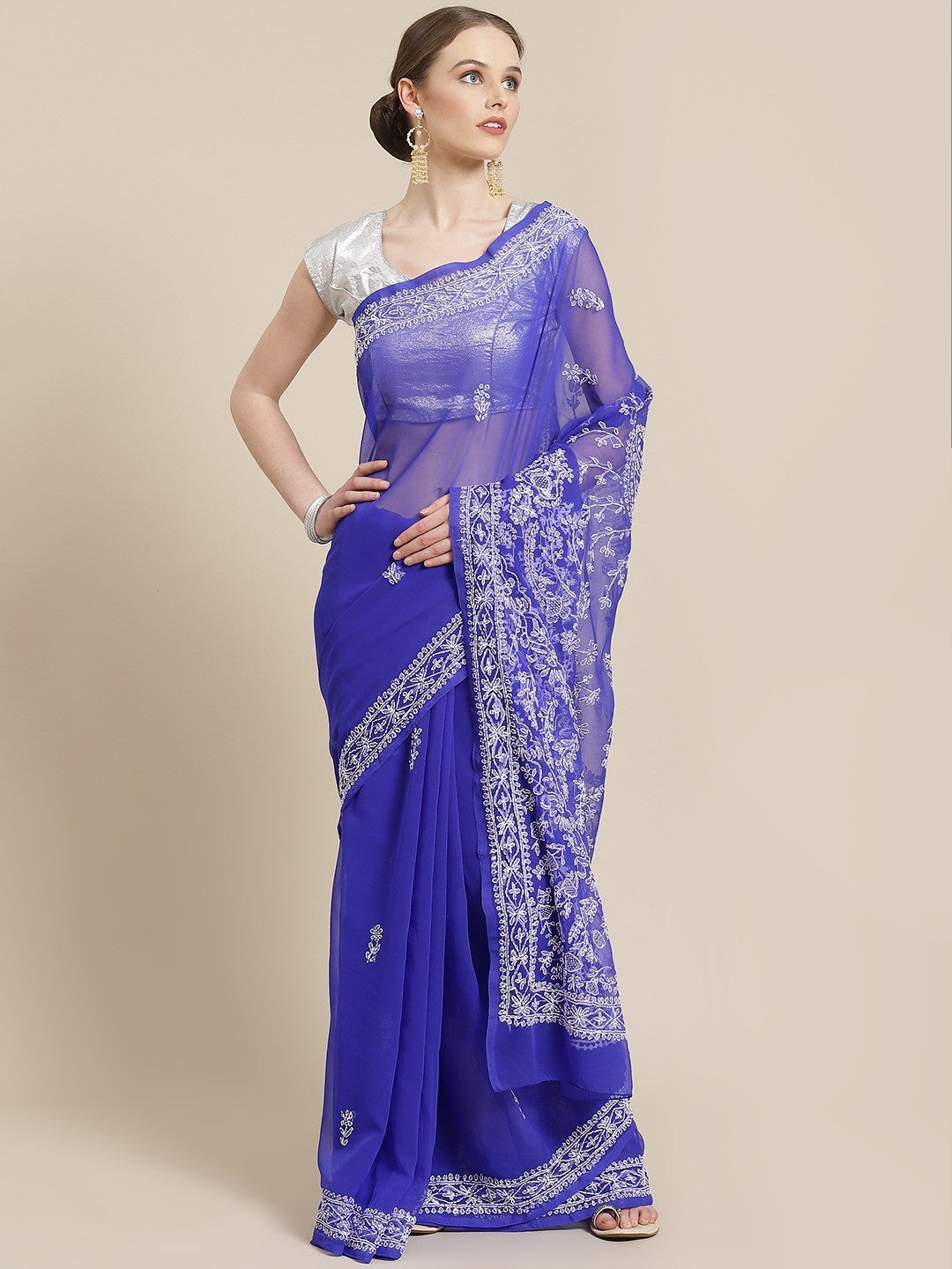 Ada Hand Embroidered Royal Blue Georgette Lucknow Chikan Saree With Blouse- A311247