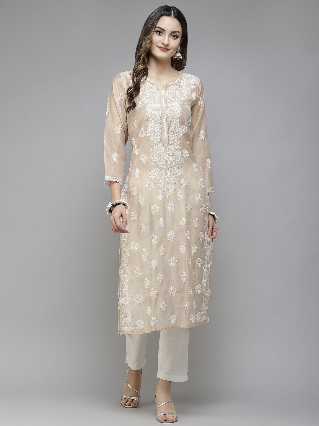 Ada Hand Embroidered Fawn Chanderi Lucknowi Chikan Kurta A411340
