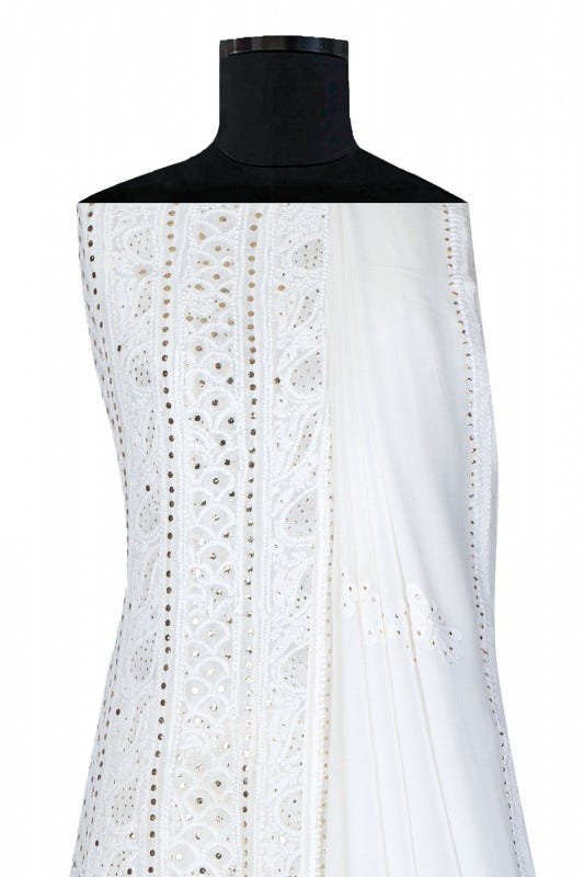 Ada Hand Embroidered White Georgette Lucknowi Chikankari Semi-stitched Anarkali Kurta Dupatta Set With Muqaish Work- A615417
