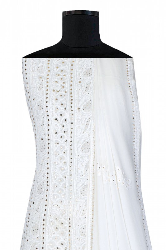 Ada Hand Embroidered White Georgette Lucknowi Chikankari Semi-stitched Anarkali Kurta Dupatta Set With Muqaish Work- A615417