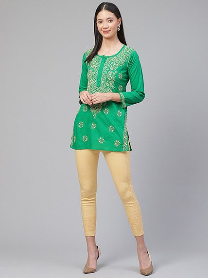 Ada Hand Embroidered Green Cotton Lucknowi Chikankari Straight Kurti A250627