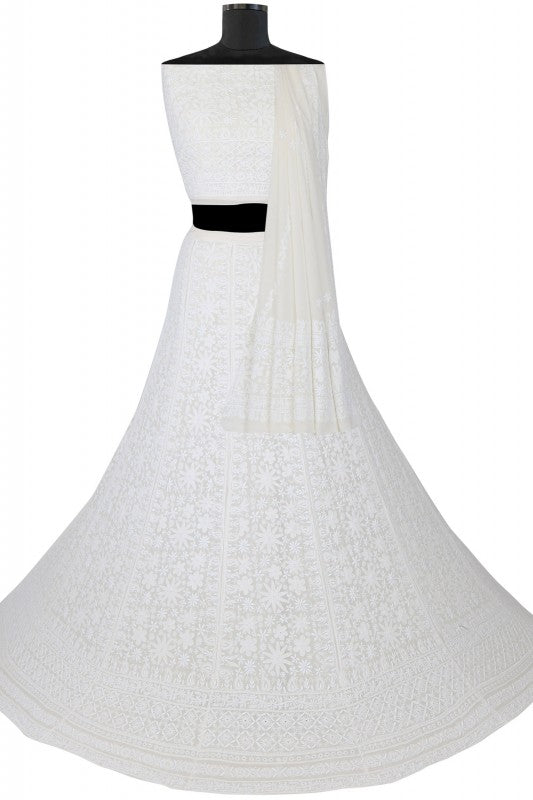 Ada Hand Embroidered White Pure Georgette Lucknowi Chikankari Lehenga Set– A562579