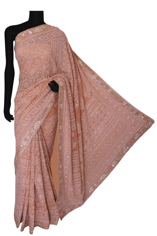 Ada Hand Embroidered Peach Pure Georgette Lucknowi Chikankari Saree/Blouse With Pearl & Sequinned Work -A230256