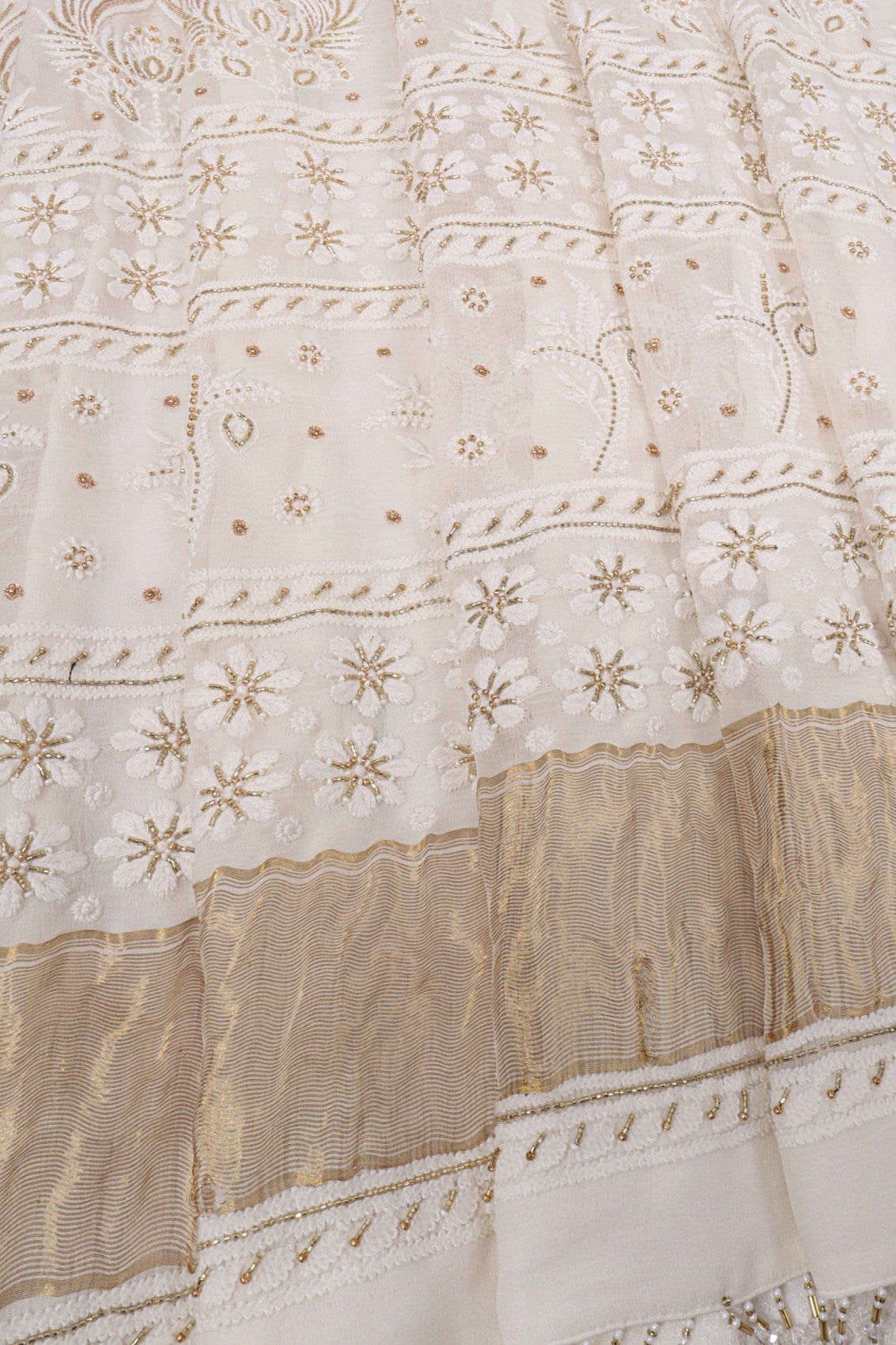 Ada Hand Embroidered White Chiffon Lucknowi Chikankari Saree/Blouse With Zari Work A491076