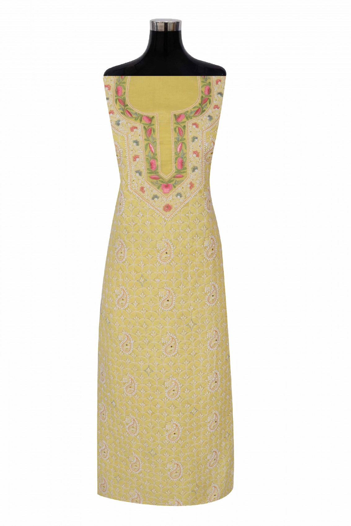 Ada Hand Embroidered Yellow Cotton Lucknowi Chikan Unstitched Suit Piece With Muqaish work 01A204436