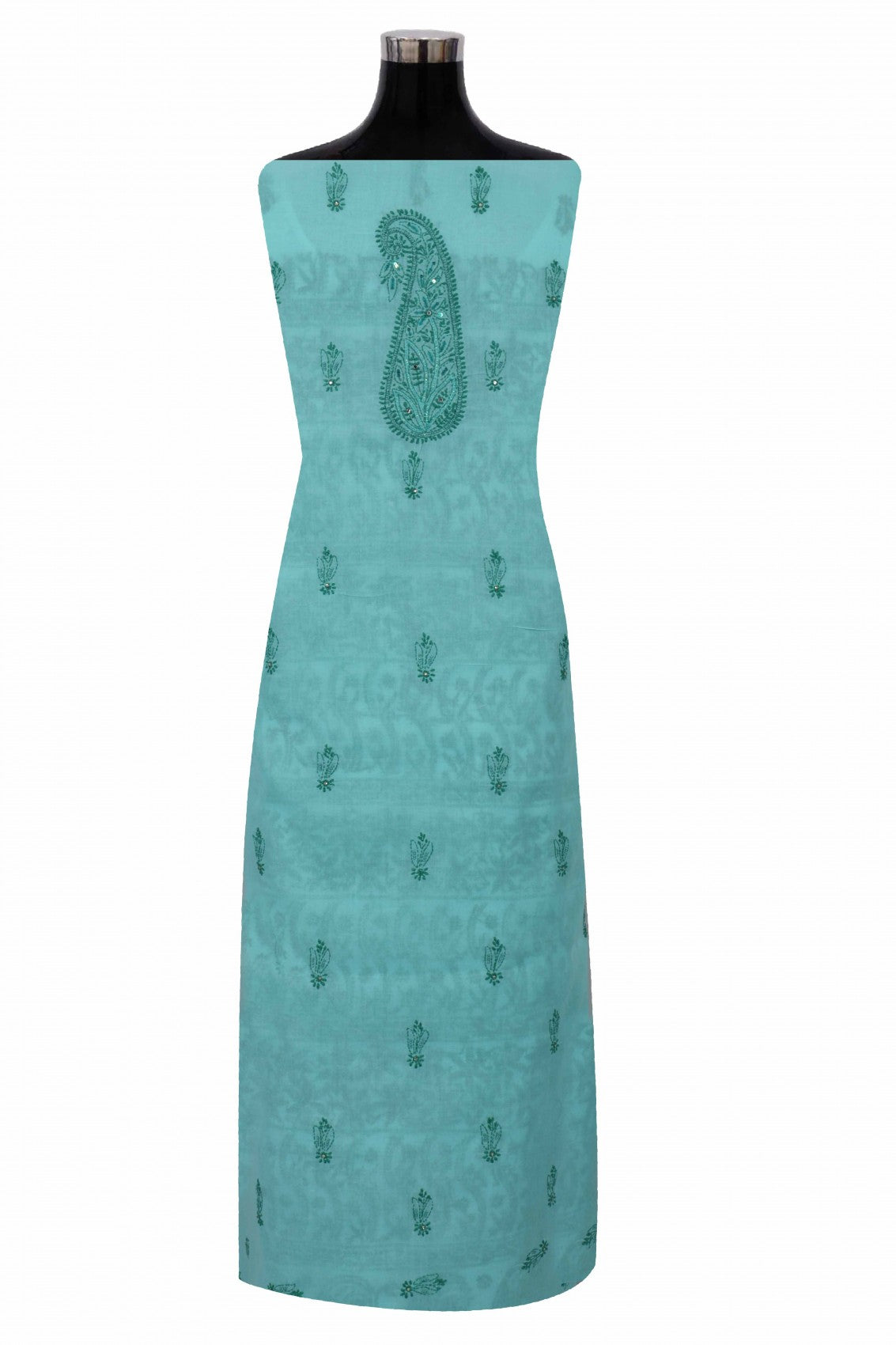 Ada Hand Embroidered Sea Green Cotton Lucknowi Chikan Unstitched Suit Piece With Pearl Work A51520