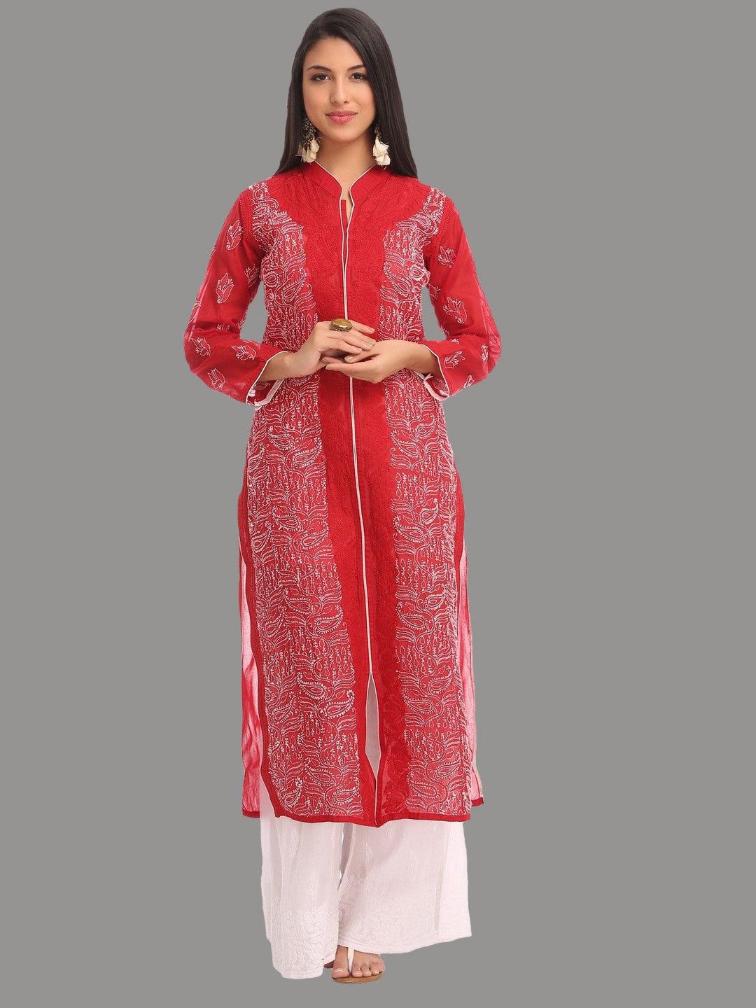 Ada Hand Embroidered Maroon Cotton Lucknowi Chikani Straight  Kurta A230238