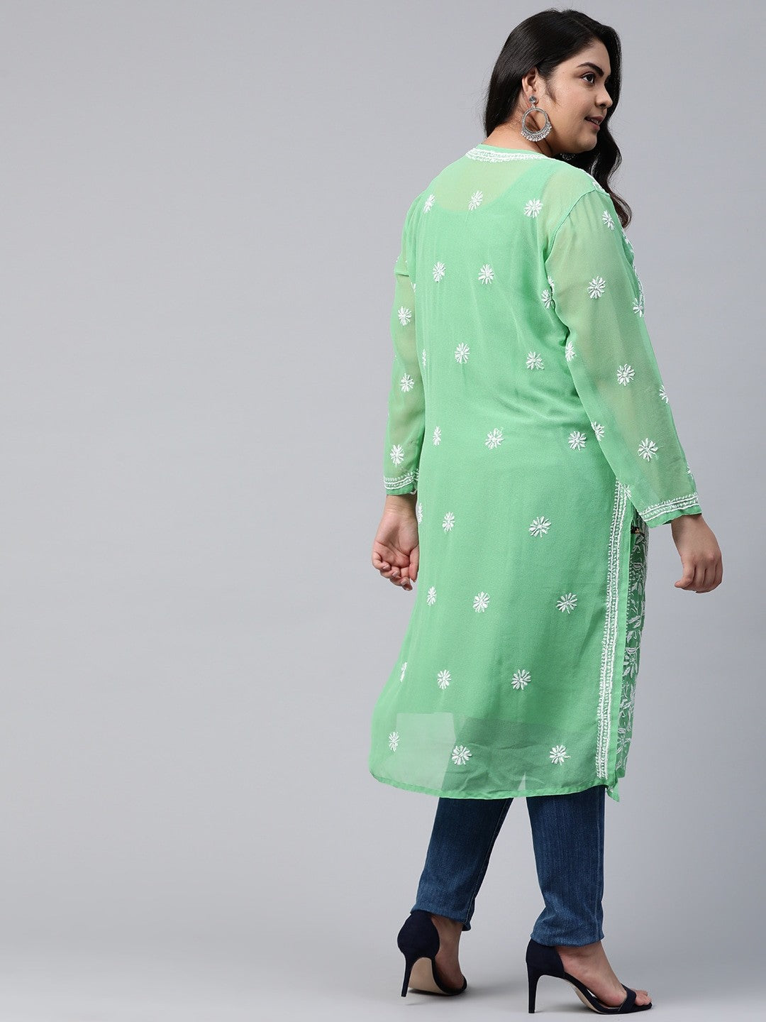 Ada Hand Embroidered Green Georgette Lucknowi Chikankari Straight Kurta with Slip A229644