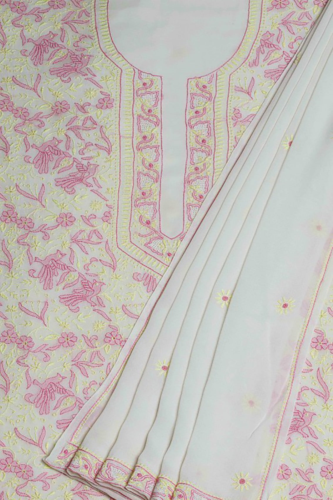 Ada Hand Embroidered White Pure Georgette Chikankari Unstitched Kurta Dupatta Set A223169
