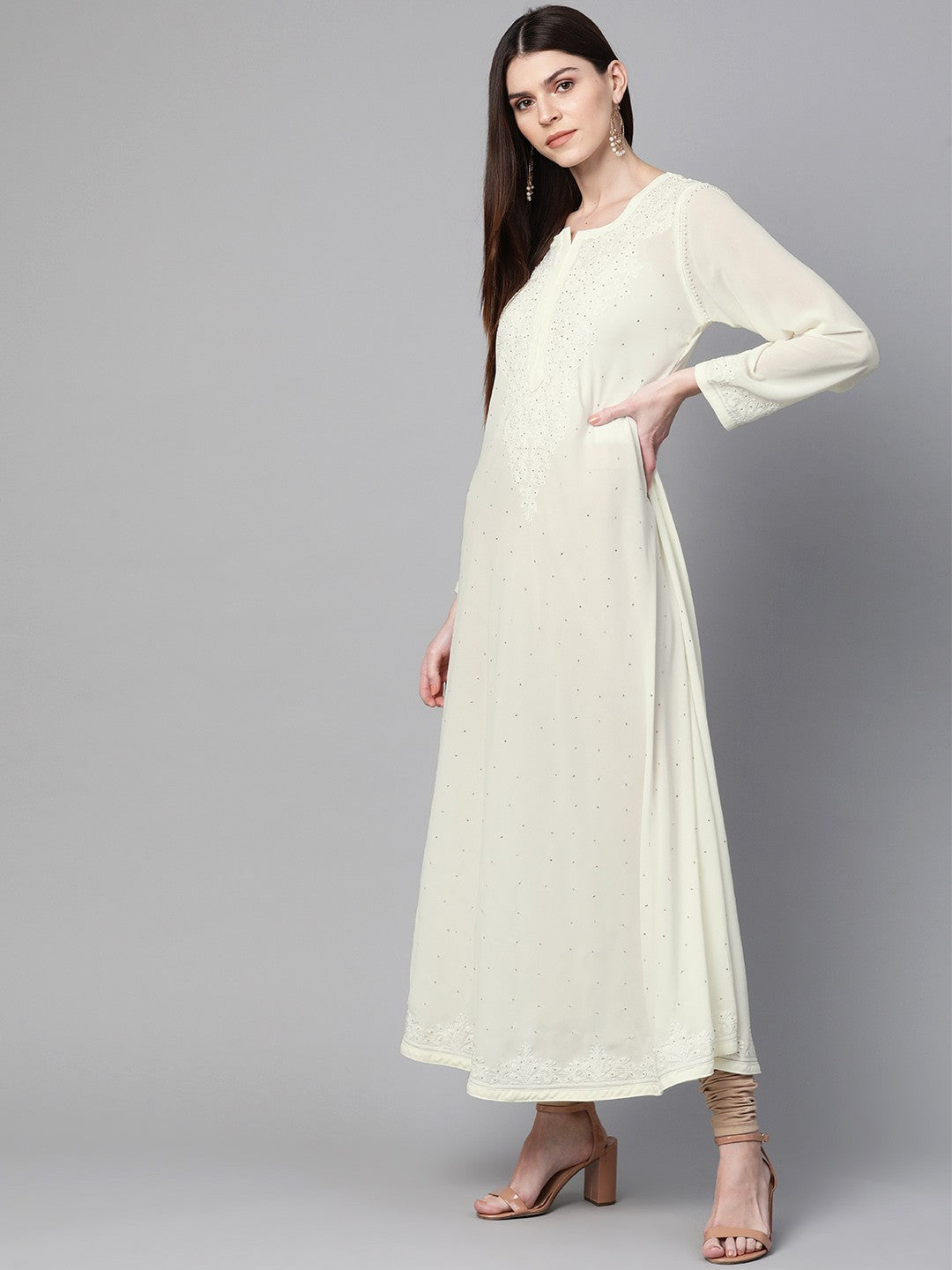 Ada Hand Embroidered Cream Georgette Lucknowi Chikan A-Line Kurta with Muqaish Work A100428