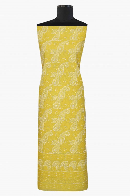 Ada Hand Embroidered Yellow Cotton Lucknowi Chikan Unstitched Suit Piece–A100246