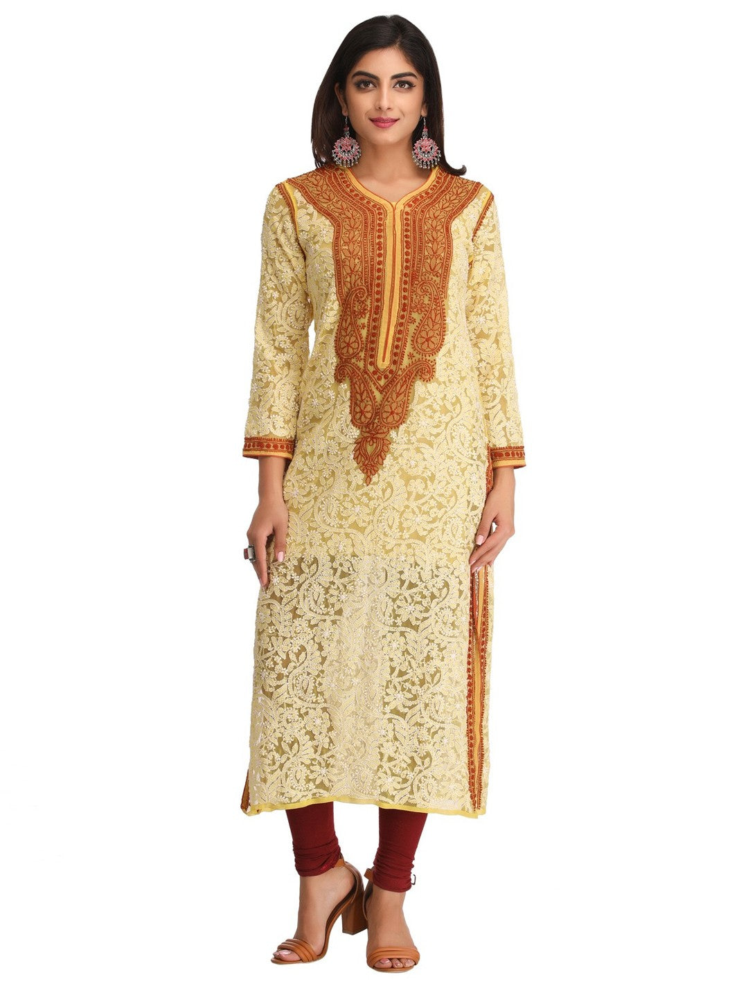 Ada Hand Embroidered Yellow Georgette Lucknowi Chikankari Staright Kurta A237444