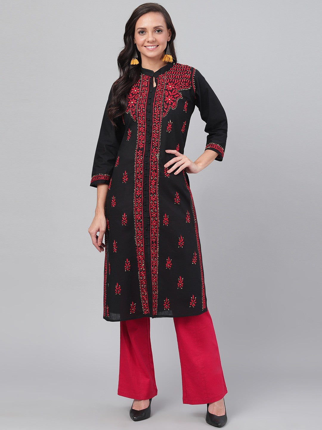 Ada Hand Embroidered Black Cotton Lucknowi Chikankari Straight Kurta A444921