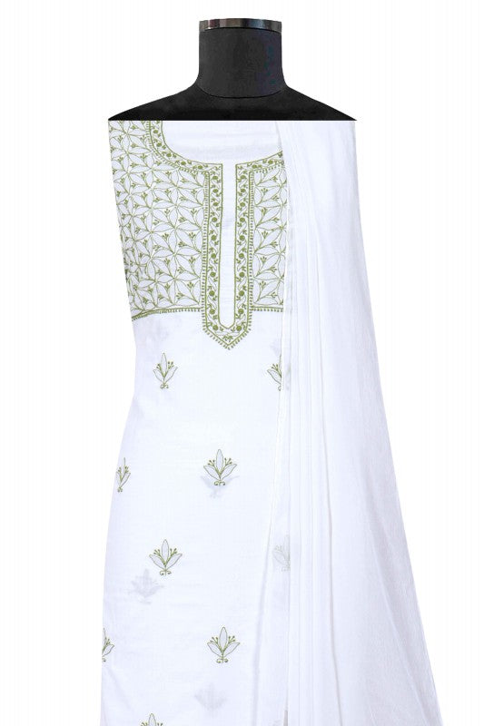 Ada Hand Embroidered White Cotton Lucknowi Chikankari Unstitched Suit Piece A94304