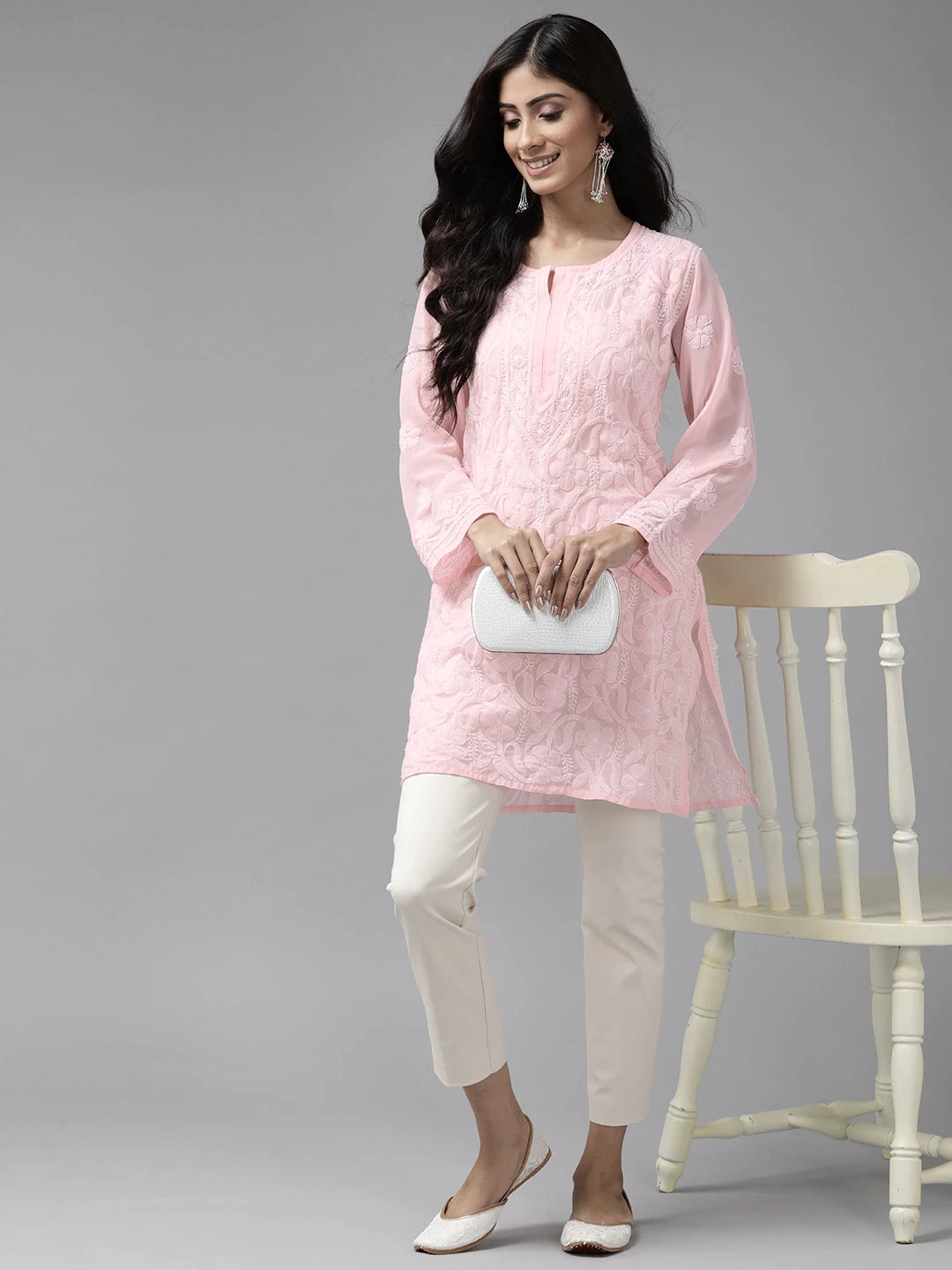 Ada Hand Embroidered Pink Georgette Lucknow Chikan Kurti A911128