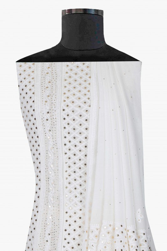 Ada Hand Embroidered White Georgette Lucknowi Chikankari Semi-stitched Anarkali Kurta Dupatta Set With Muqaish Work- A621528